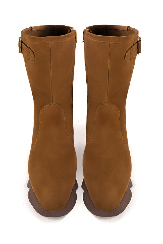 Caramel brown women's ankle boots with a zip on the inside. Round toe. Low rubber soles. Top view - Florence KOOIJMAN